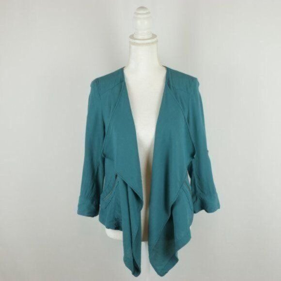 Elevenses Eldora Women's Medium Teal Crepe Draped Open Front Blazer - Picture 2 of 9